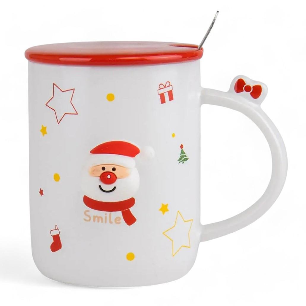 Чашка новогодняя с крышкой и ложкой Санта Smile керамика 360 мл Белый - фото 3