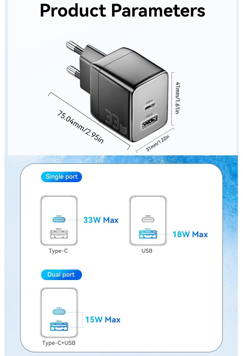 Зарядное устройство сетевое Essager 33W GaN QC/PD3.0 USB-C/USB-A (30632232) - фото 3