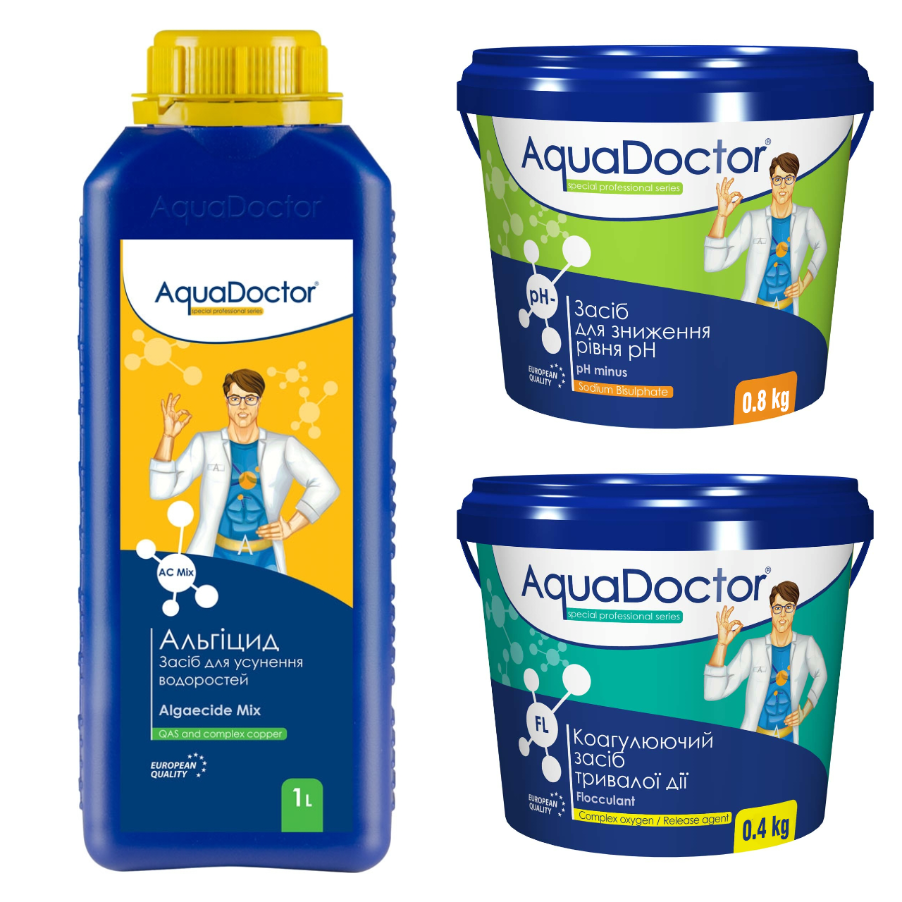 Набір хімії для басейну AquaDoctor 3в1 альгіцид/pH Minus/коагулянт (3175815774)