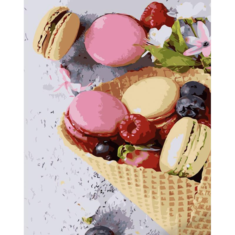 Картина по номерам Strateg Макарун в тарелке с лаком и уровнем 40x50 см (Str-GS1401)