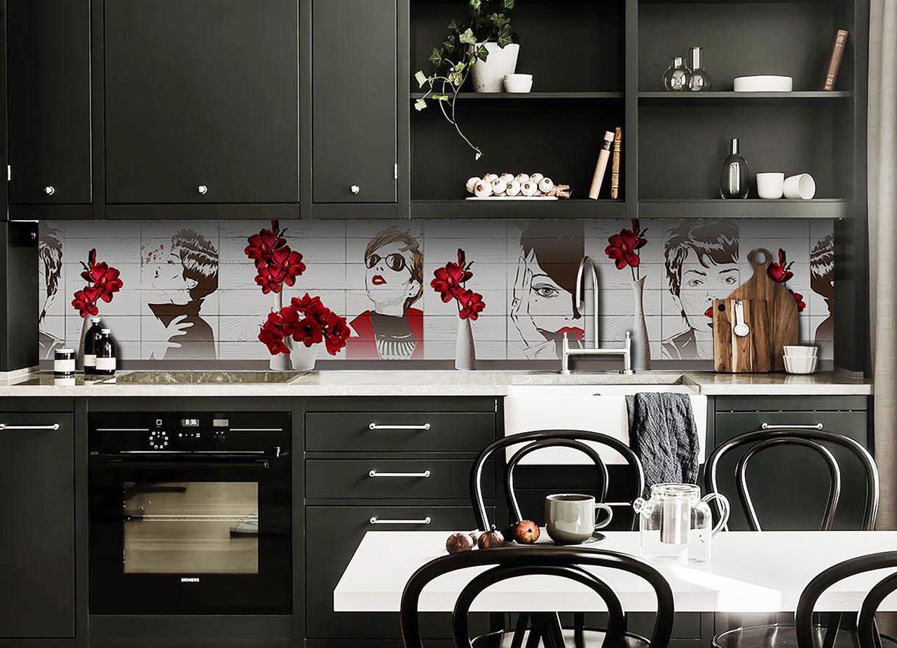 Кухонный фартук Девушка красные цветы в вазе из самоклеющейся виниловой пленки 60х300 см Серый Кухонный фартук Девушка красные цветы в вазе из самоклеющейся виниловой пленки 60х300 см Серый