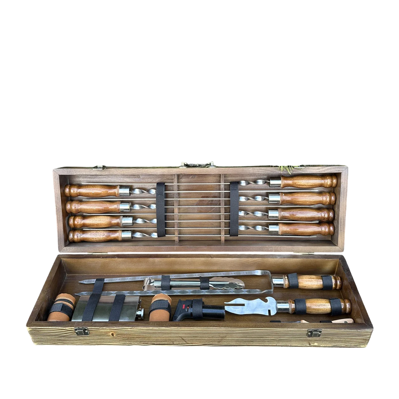 Подарочный набор шампуров с аксессуарами Mzavod Охотник из нержавеющей стали в деревянном кейсе 720x120x210 мм (136-17-1190610000855)