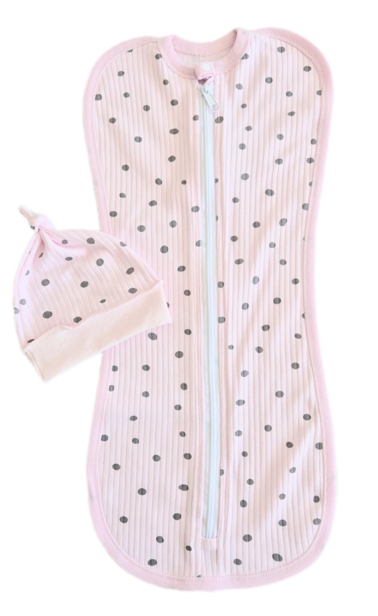 Пеленка-кокон евро на молнии интерлок с шапочкой №90 0-6 мес Розовый в горошек