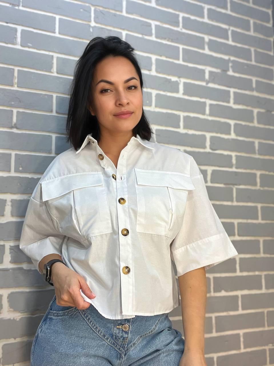 Сорочка жіноча MIX RAY 3656 коротка широка з накладеними кишенями на гудзиках L Білий (2671) - фото 5