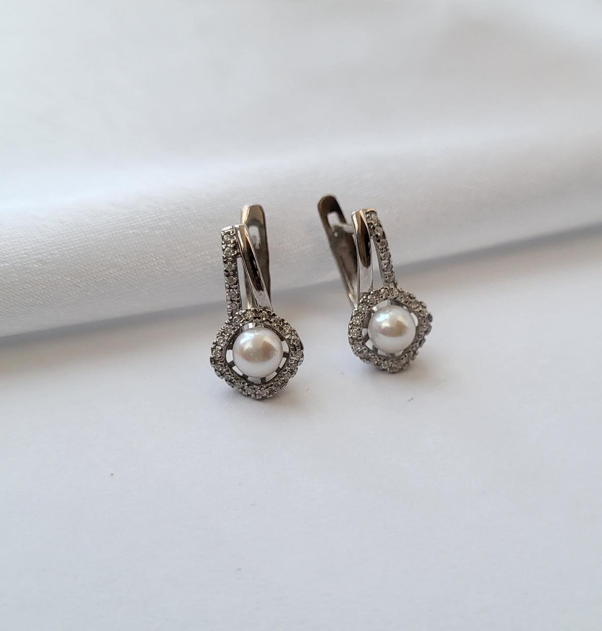 Серьги с белыми жемчужинами антея серебро 925 пробы родированное 3,75 г (20162г)