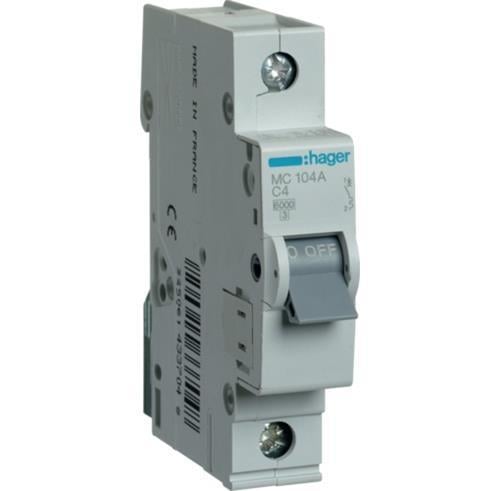 Автоматический выключатель Hager 4A 6 kA 1 полюс тип C MC104A (00266)