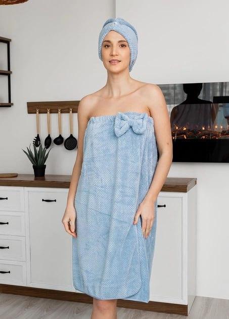 Полотенце банное на резинке для сауны с чалмой Голубой (0209-2)