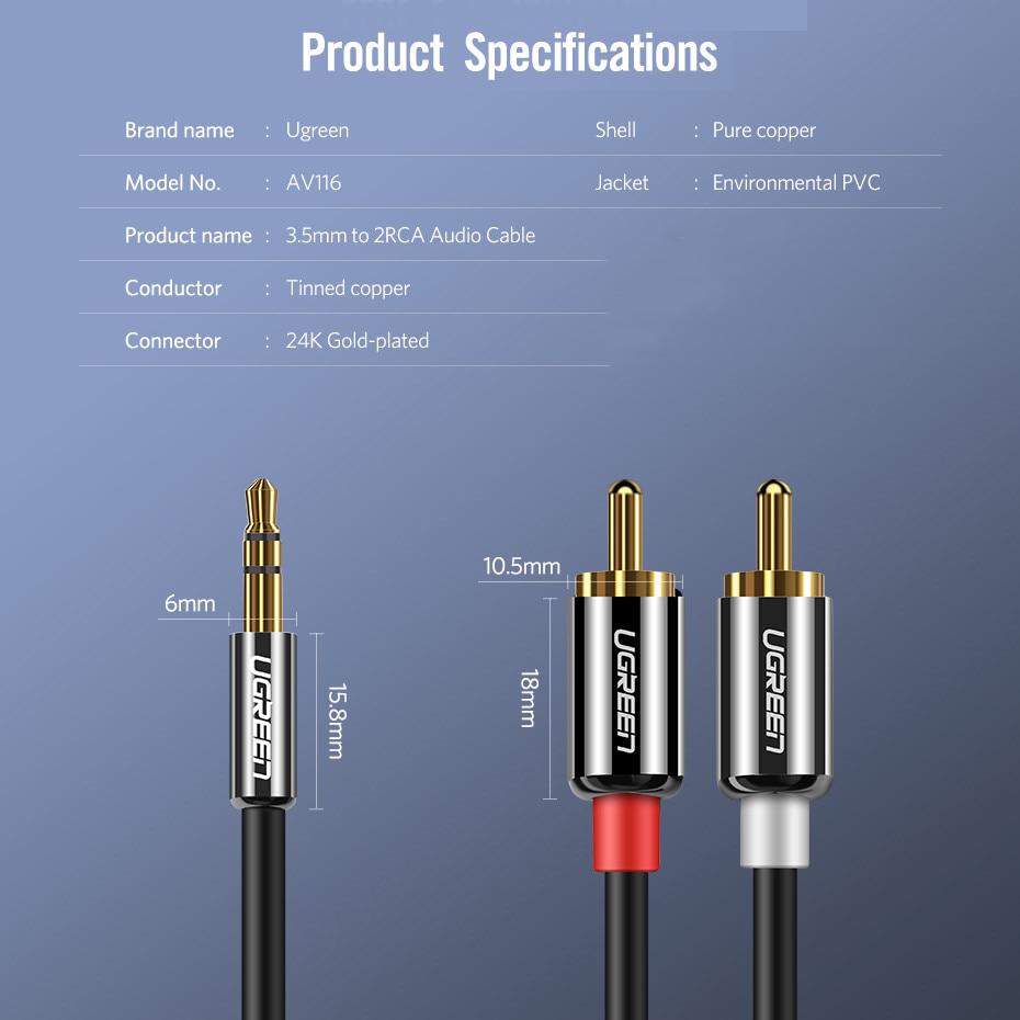 Кабель аудио UGREEN AV116 3,5 мм Male to 2RCA Male Hi-Fi Cable 3 м Black (10590) - фото 9