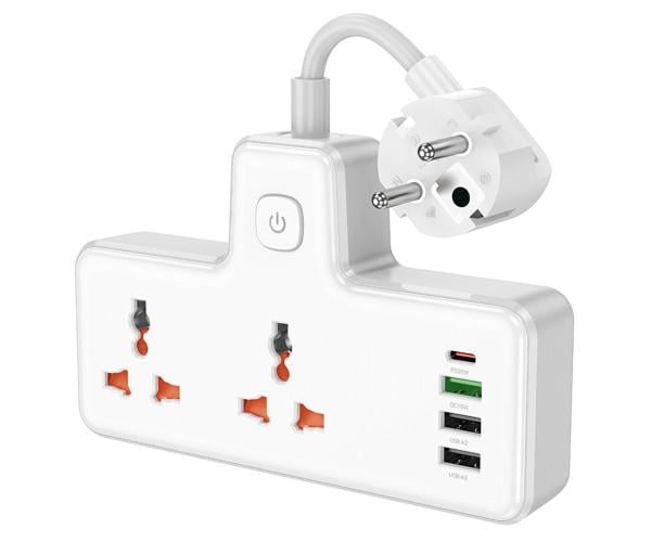 Подовжувач мережевий Hoco AC12A 2 Socket Ports 3USB/1Type-C PD30W QC3.0 White - фото 1