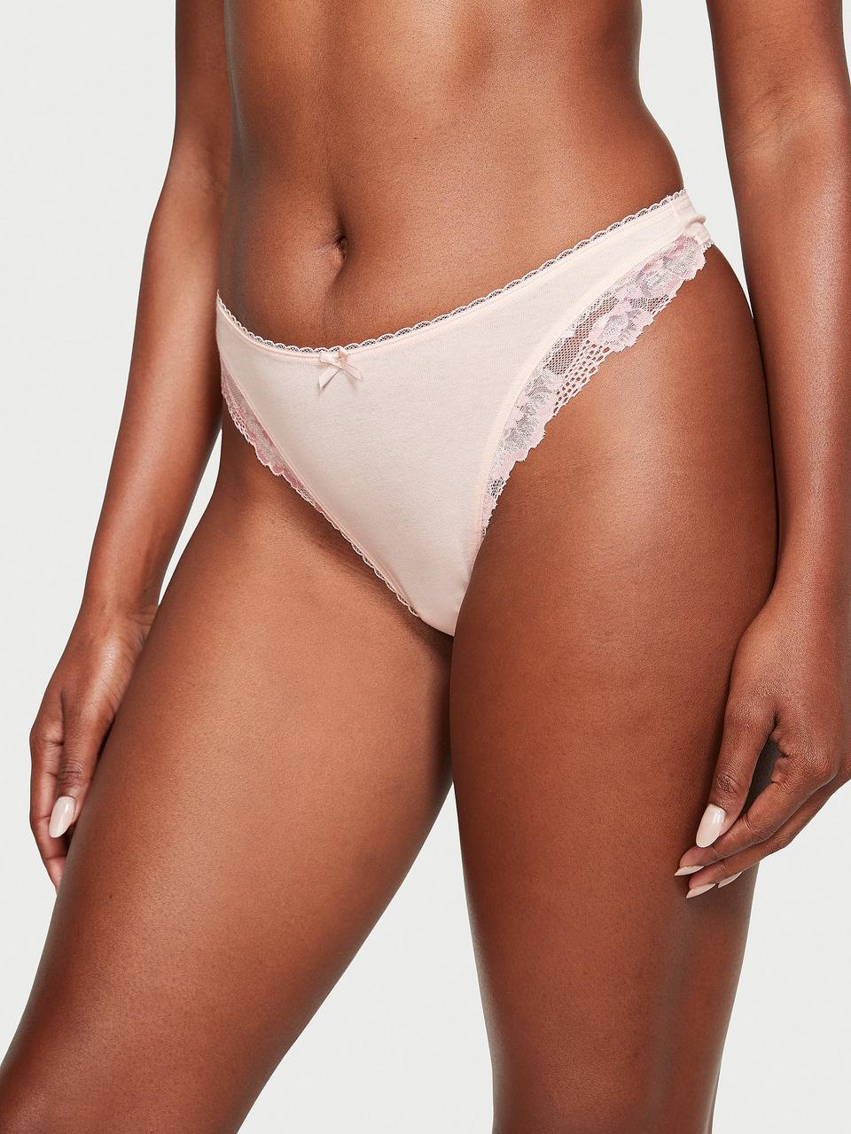 Трусы женские Victoria's Secret Stretch Cotton Lace-Trim High-Leg Scoop Thong L Розовый (15397506)