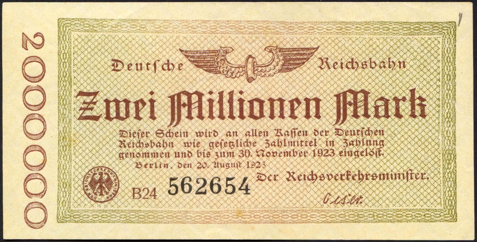 Колекційна банкнота Німеччина 1923 Reichsbahn 2 000 000 марок 2 мільйони 500 P aUNC