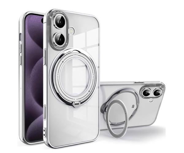 Силиконовый чехол накладка Clear Case для iPhone 16 Plus с металлическим кольцом - держателем Серебряный Силиконовый чехол накладка Clear Case для iPhone 16 Plus с металлическим кольцом - держателем Серебряный