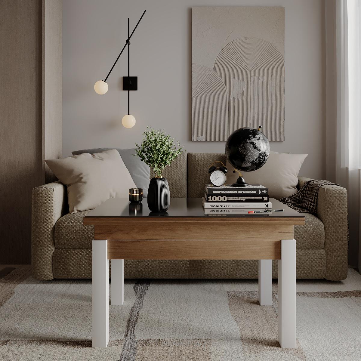 Журнальный стол трансформер B-Fly Glass 900x554x600 мм Дуб крафт золотой/Белые ножки/Графитовое стекло (GATB10121200112) - фото 2 Журнальный стол трансформер B-Fly Glass 900x554x600 мм Дуб крафт золотой/Белые ножки/Графитовое стекло (GATB10121200112) - фото 2