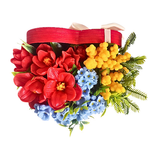 Букет цветов из мыла Bila Lileya Тюльпаны с мимозой и незабудками в коробке сердце (MB-00068)