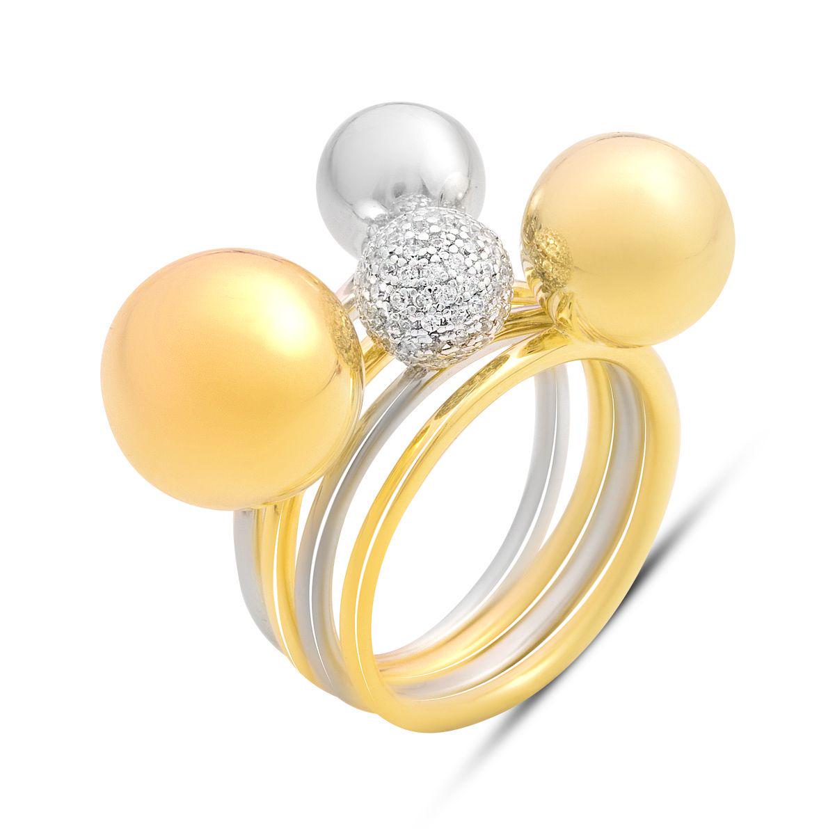 Каблучка срібна з кульками та світлою вставкою у сучасному багатошаровому дизайні р. 18