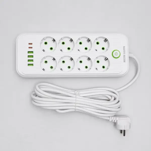 Фильтр-удлинитель сетевой 8 розеток 4 USB-A 2 Type-C кабель 5 м 2500 Вт Белый