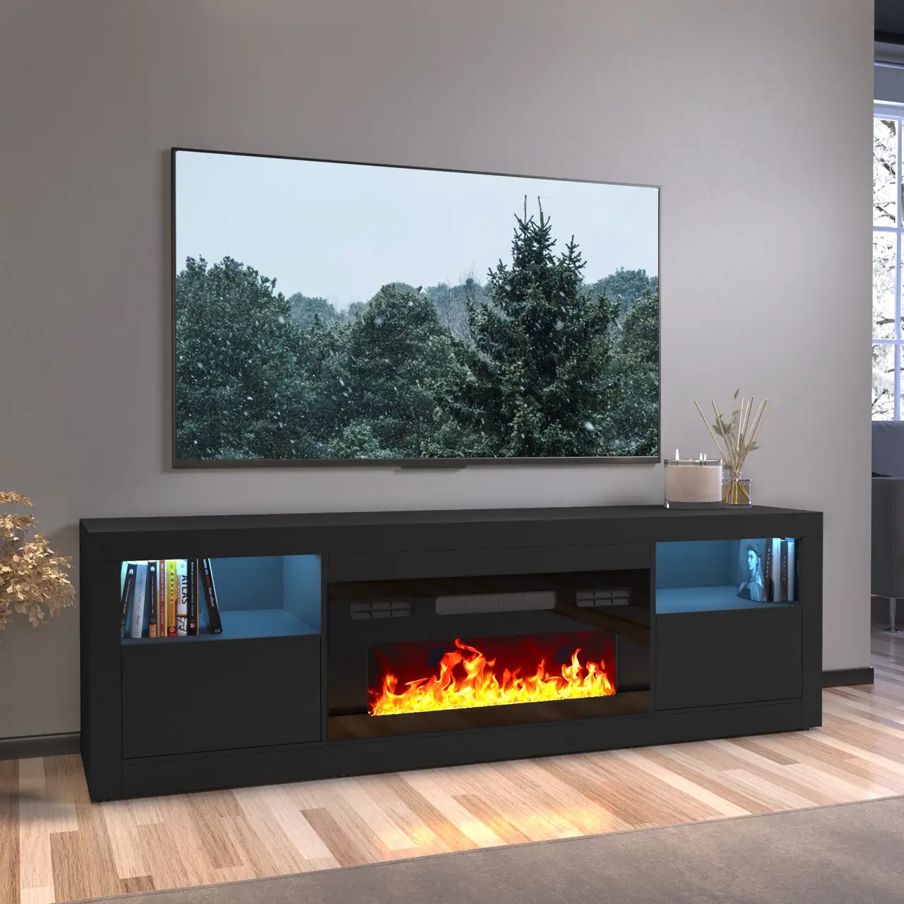 Тумба под ТВ Artos Design Pride с электрическим камином из ламинированной ДСП 550х410х1800 мм Черный матовый (49361) Тумба под ТВ Artos Design Pride с электрическим камином из ламинированной ДСП 550х410х1800 мм Черный матовый (49361)