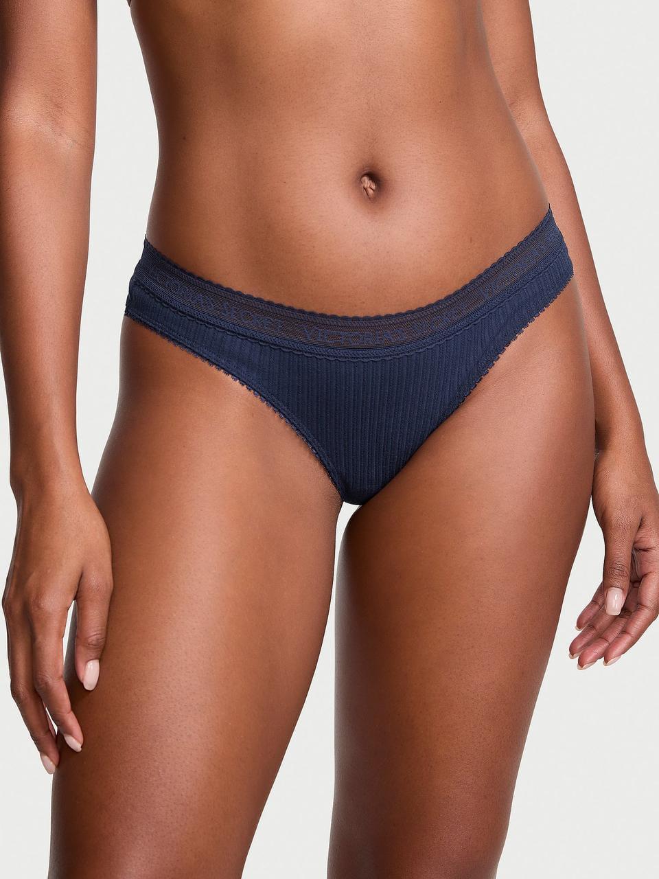 Трусики женские Victoria's Secret Logo Cotton Lace-Waist Thong XS Синий (2285508105)