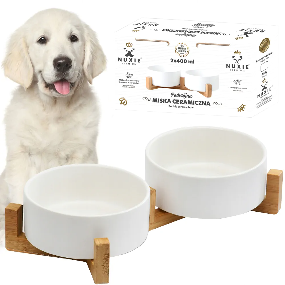 Миска двойная керамическая для собак и котов на подставке 2х400 мл Белый - фото 4