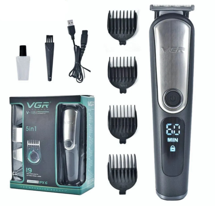 Машинка для стрижки волосся VGR V105 5в1 акумуляторна з триммером для окантовки та носа (25295560)