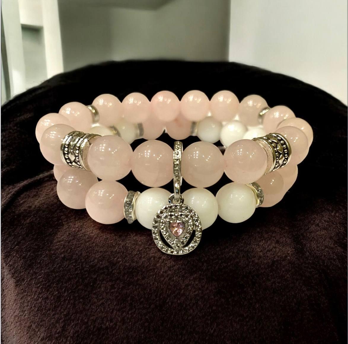Браслет LITAURS из натурального камня розовый кварц белый агат d 10 мм и металлическими вставками 2 шт. М 15-17 см (250408) - фото 2