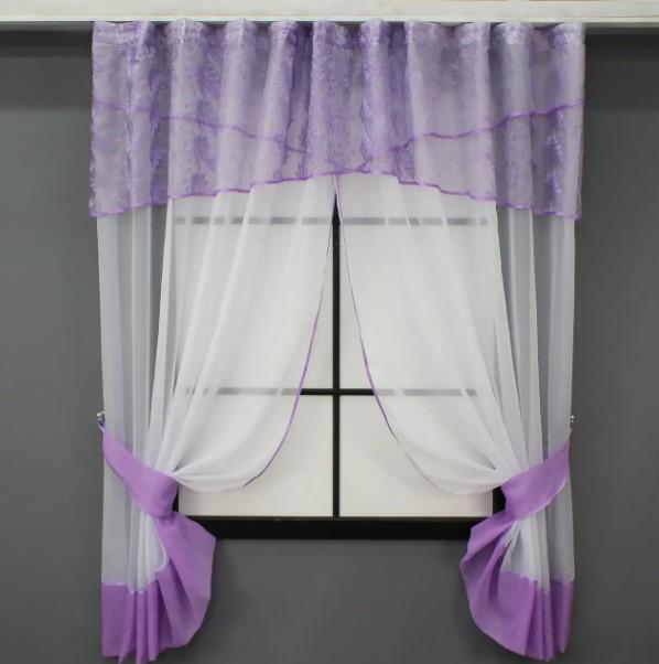 Шторки на кухню 270х170 см Белый/Сирень (091к) Шторки на кухню 270х170 см Белый/Сирень (091к)