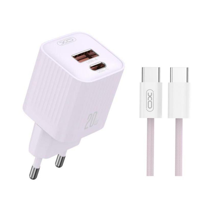 Адаптер Xo L147 PD_20 W/QC3.0_18 W+ Data Cable Type-C to Type-C фиолетовый