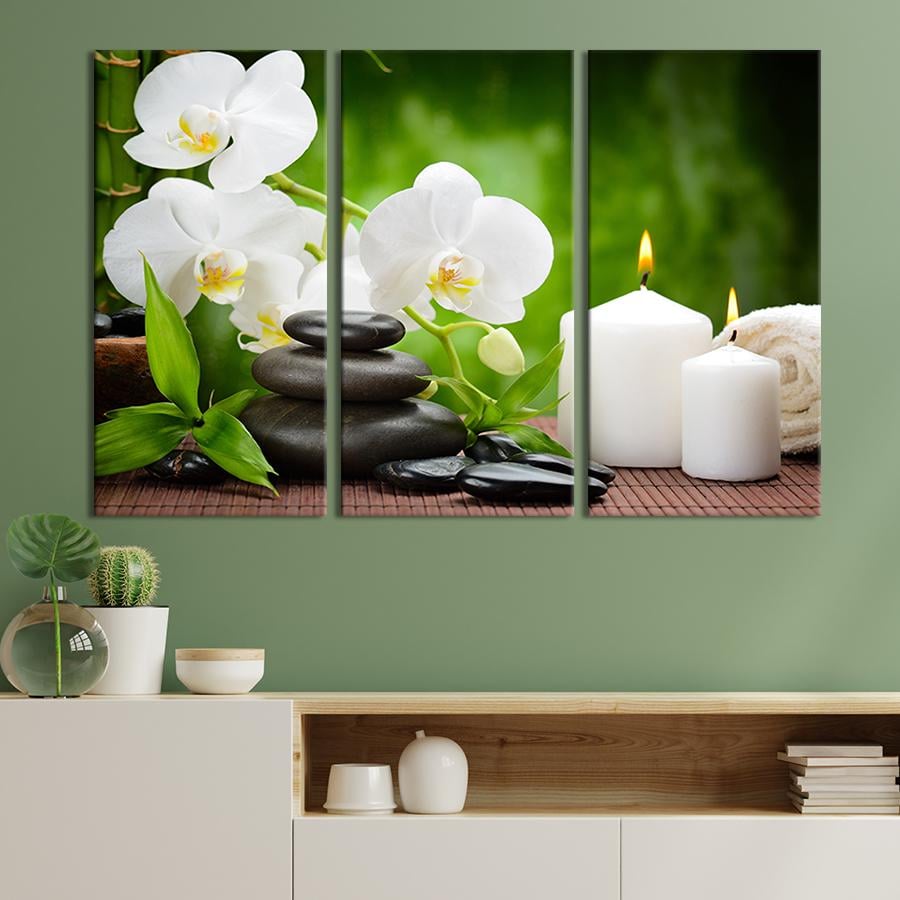 Модульная картина триптих Спа-свечи и белая орхидея 78x48 см (67-31) Модульная картина триптих Спа-свечи и белая орхидея 78x48 см (67-31)