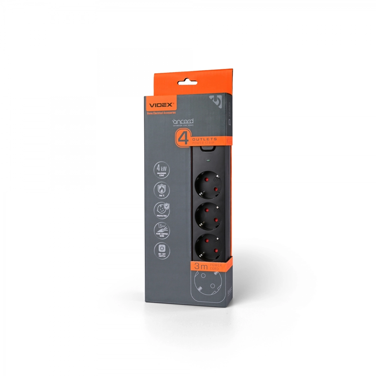 Подовжувач мережевий VIDEX ONCORD з/з 4п з кнопкою 3 м 3x1,5 мм Black (VF-PD43G-B)