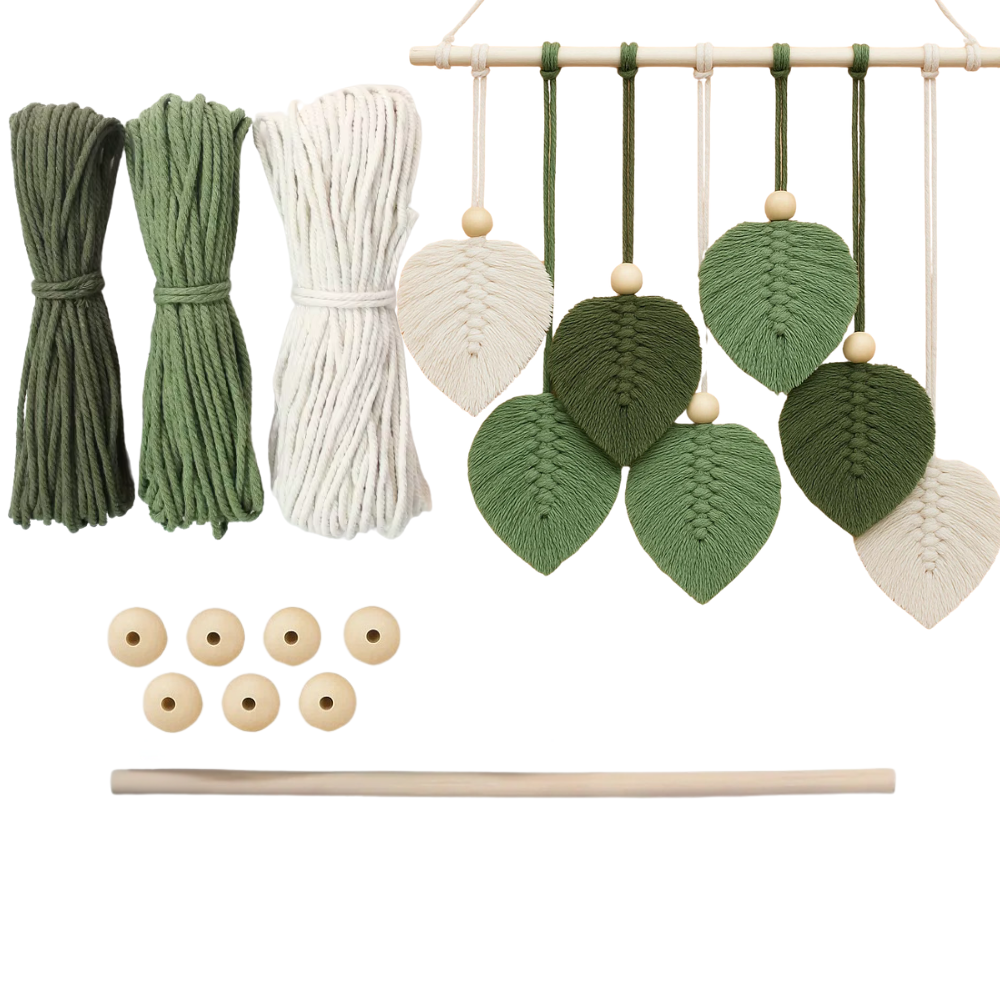 Набор макраме Листья для рукоделия и ручного вязания гобелена настенного декора 37х30 см Зелено-белый