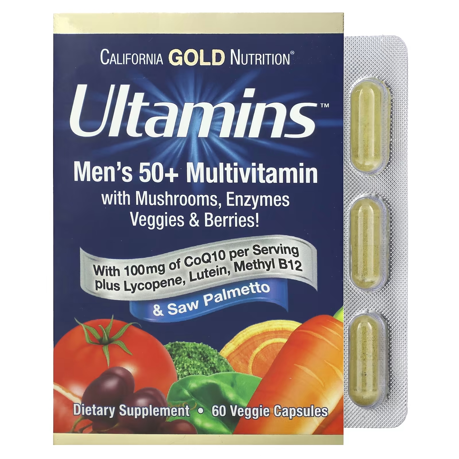 Мультивитамины California Gold Nutrition Ultamins для мужчин старше 50 лет с коэнзимом Q10 грибами ферментами овощами и ягодами 60 капс.