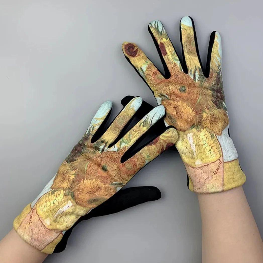 Рукавички жіночі теплі з художнім принтом Соняхи (000008)