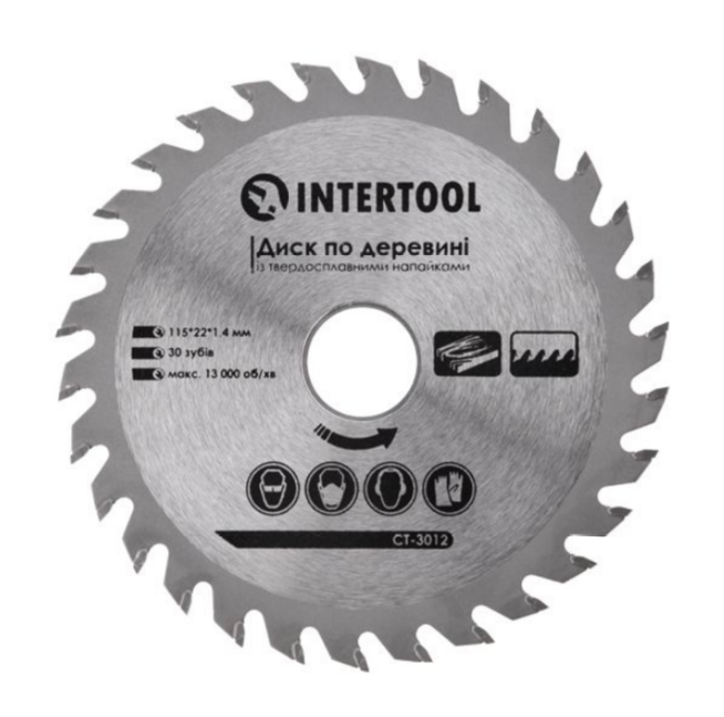 Диск по деревині Intertool з твердосплавними напайками 30 зубів 13000 об/хв 115х22,2х1,4 мм (CT-3012)