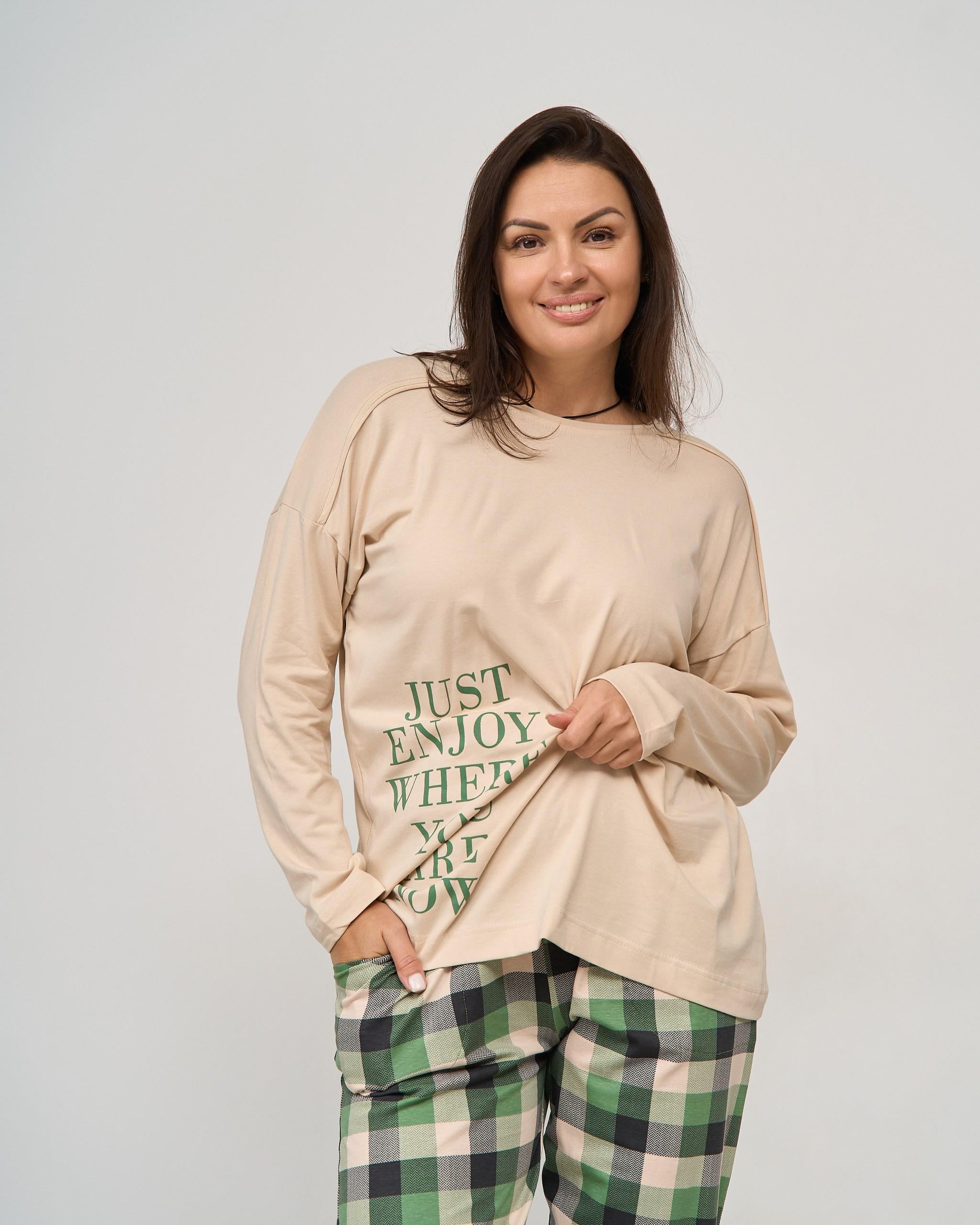 Пижама батальная со штанами Клеточка Цени то что у тебя есть 4XL Бежевый (30056)