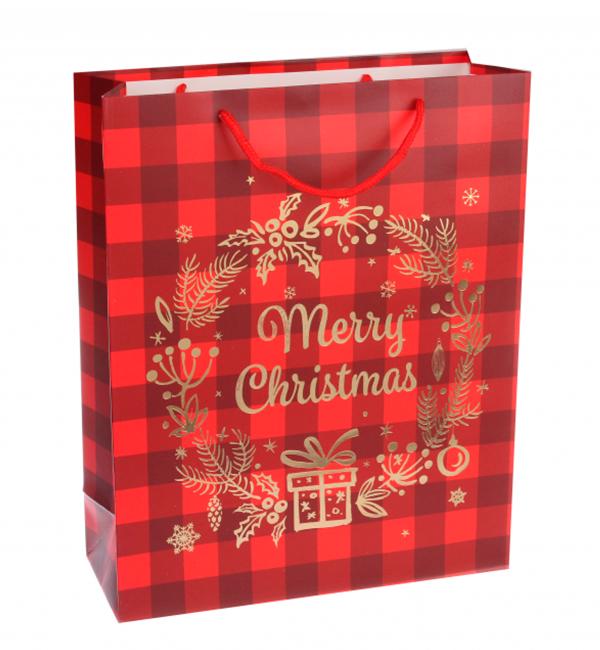 Новогодний пакет Merry Christmas 26x32x10 см ламинированный картон Красный