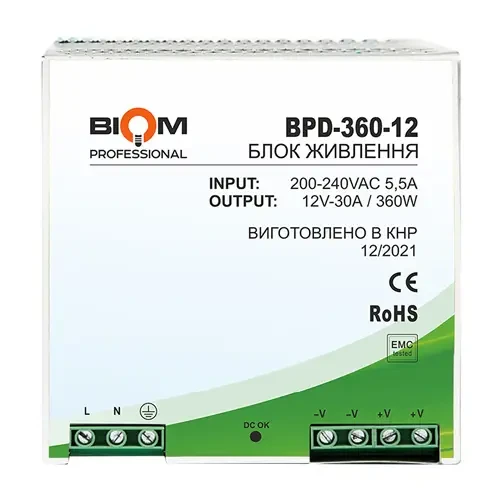 Блок питания BiomBPD-360-12 на DIN-рейку TH35/ЕС35 360 W 30 A 12 V IP20