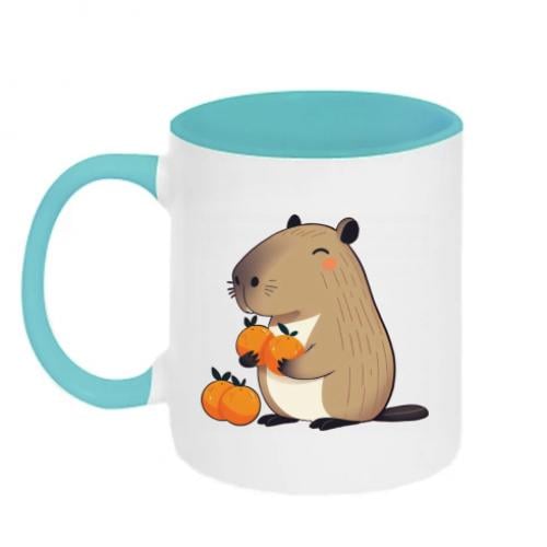 Чашка керамическая двухцветная Капибара радуется апельсинам 320 мл Белый с голубым (17077545-64-199693) - фото 1 Чашка керамическая двухцветная Капибара радуется апельсинам 320 мл Белый с голубым (17077545-64-199693) - фото 1