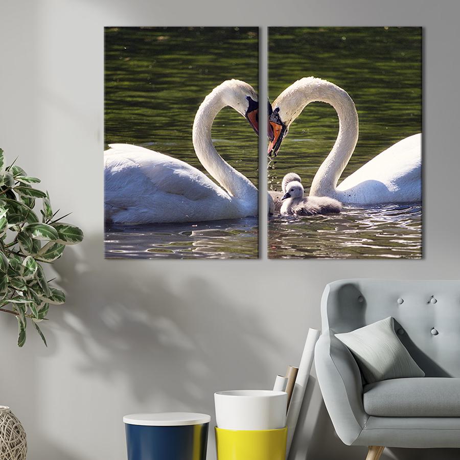 Модульная картина на холсте Диптих Пара лебедей с малышами 71x51 см (203-2)