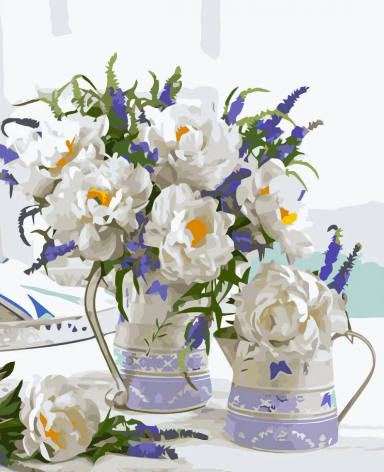 Картина по номерам Strateg Премиум Бело-голубой букет с лаком и уровнем 40x50 см (VA-3640)