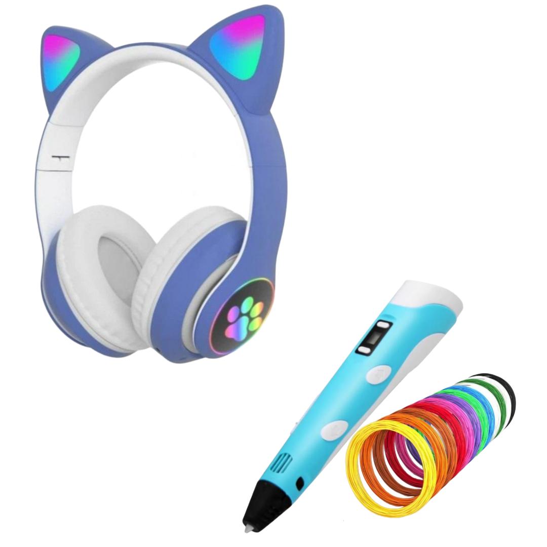 Комплект детский STN-28 наушники с кошачьими ушками/3D-ручка для рисования/пластик 100 м Разноцветный/Голубой