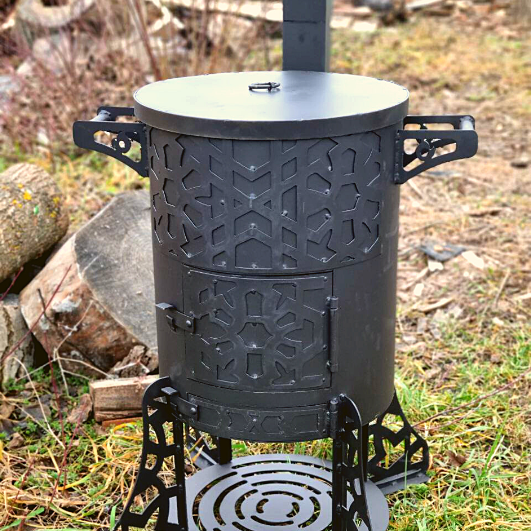 Печь для приготовления пищи Орнамент с дымоходом и наружными ручками сваренная круглая 40х50 см