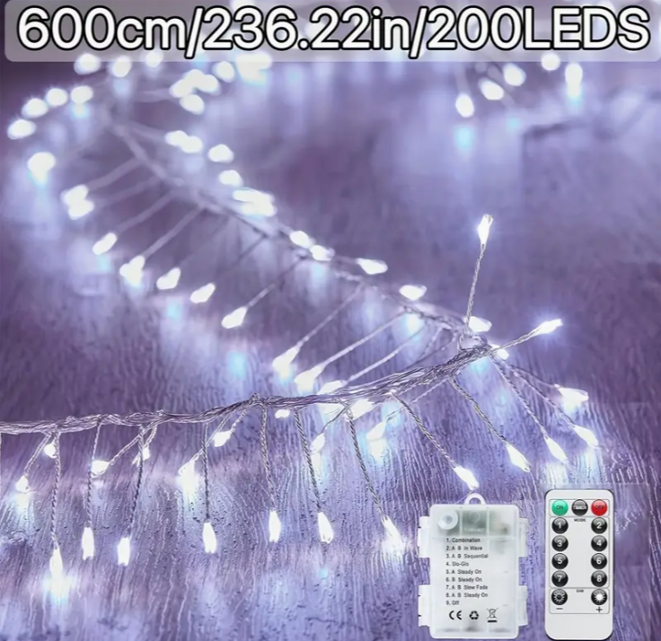 Гирлянда ветодиодная  для декора на батарейках с пультом 6 м 200 LED 8 режимов (1130) - фото 2