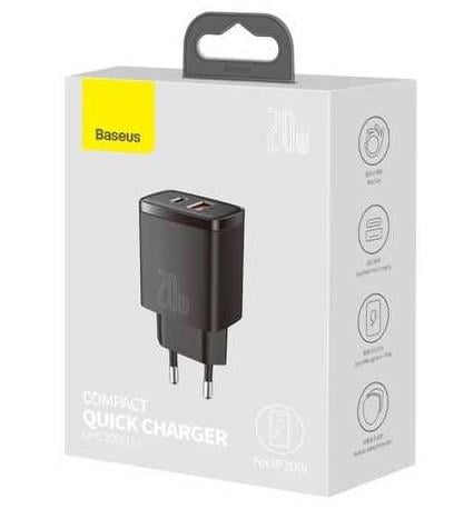 Сетевое зарядное устройство BASEUS Compact Quick Charger USB-A/USB-C 20W Black (CCXJ-B01) - фото 3