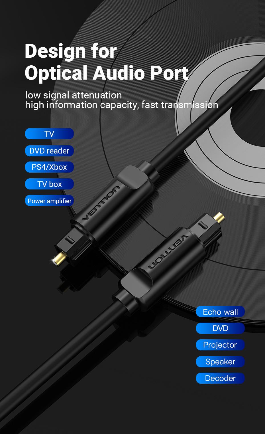 Кабель оптичний аудіо Vention S/PDIF Toslink Dolby DTS 5.1/7.1 позолочені конектори гнучка оболонка ПВХ 1 м Чорний (BAEBF) - фото 8