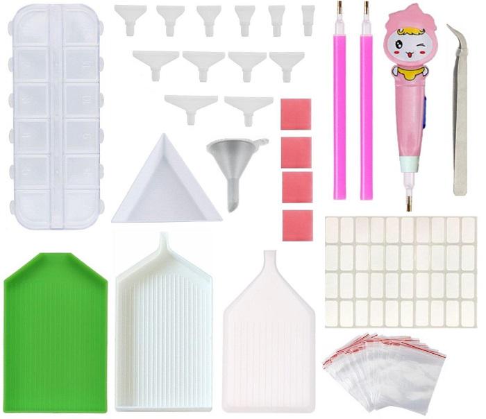 Комплект инструментов с органайзером лейкой и светловым стилусом 77 елементов для алмазной вышивки (skl-compl26)