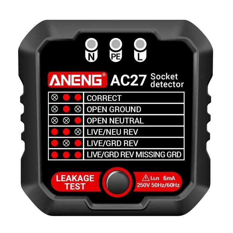 Тестер розеток цифровой Aneng AC27 для проверки УЗО и обнаружения ошибок Black (3_06931)