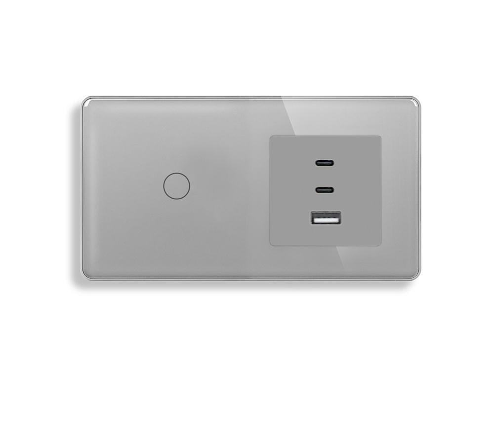 Выключатель сенсорный ELIOS с розеткой USB A+C+C 65Вт стекло Серый