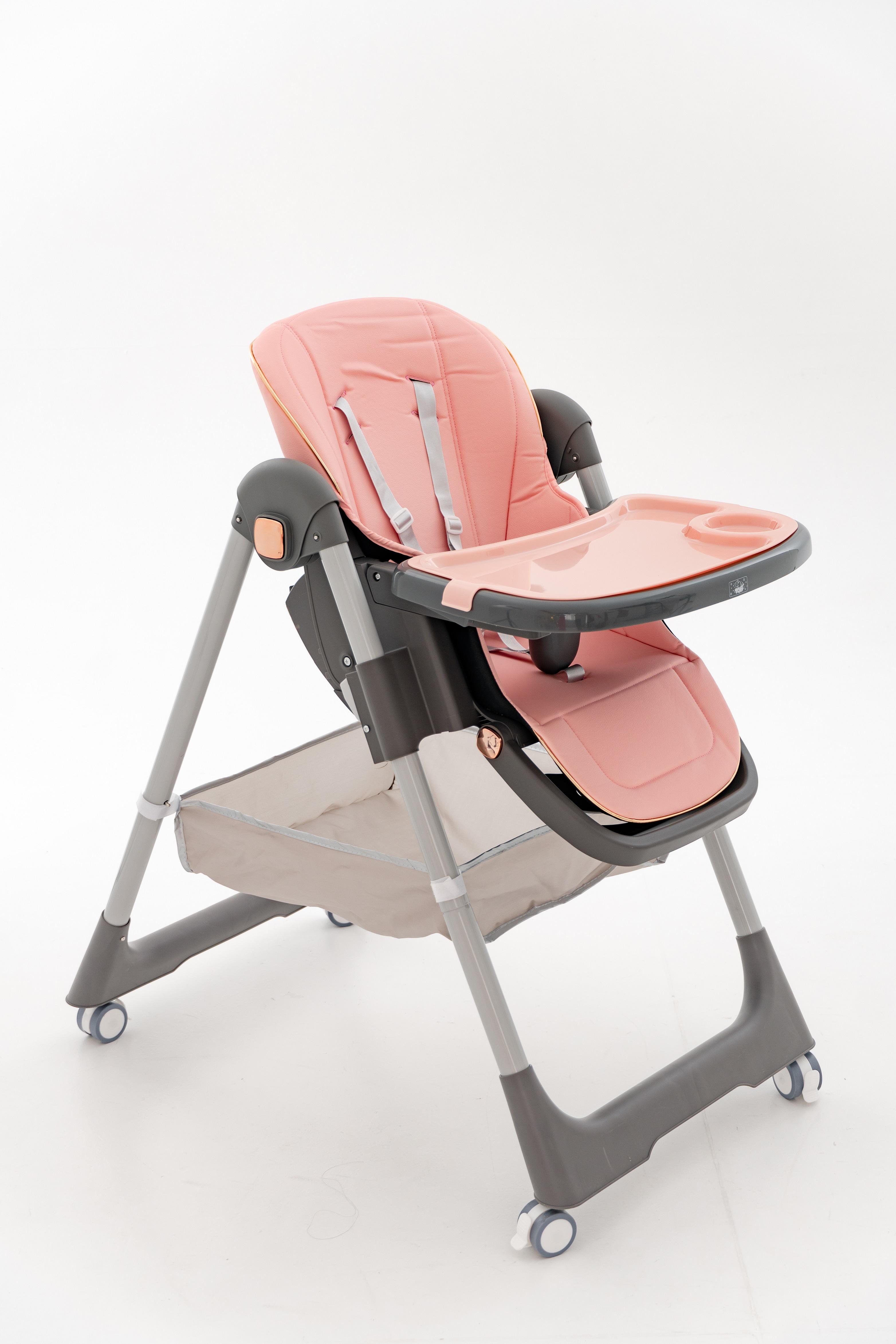 Стільчик для годування Преміум з регульованою спинкою складаний на колесах Рожевий (29437190)
