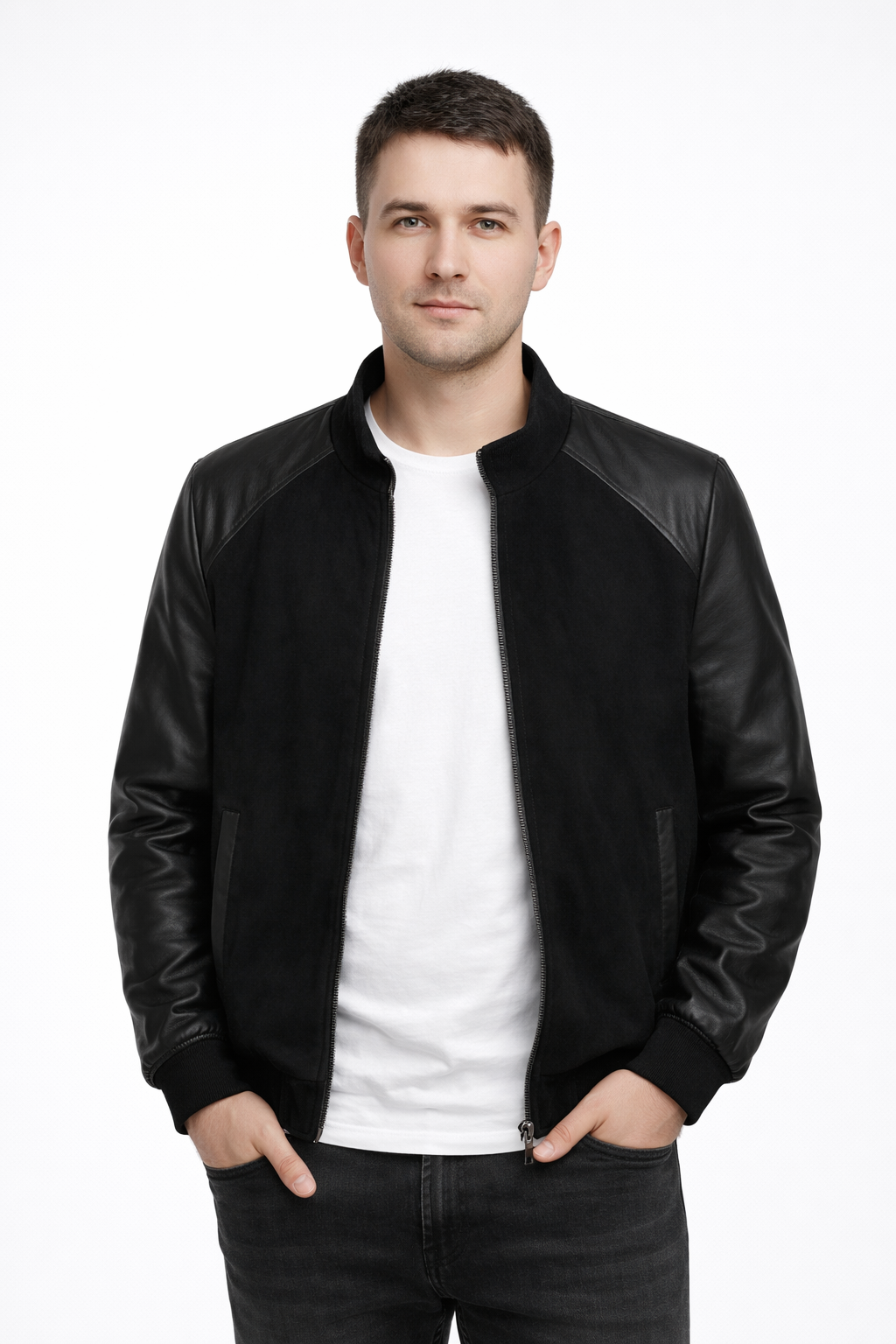 Куртка-бомбер мужская из комбинированной кожи 4XL Черный (26127480)