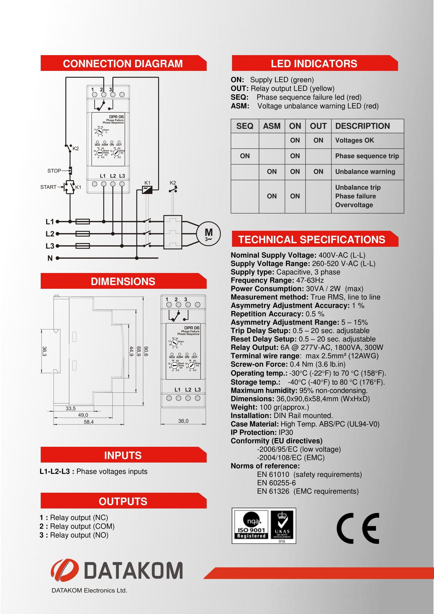 Контролер захисту від асиметрії напруги фаз DATAKOM DPR-06 260-520 В фаза-фаза - фото 4